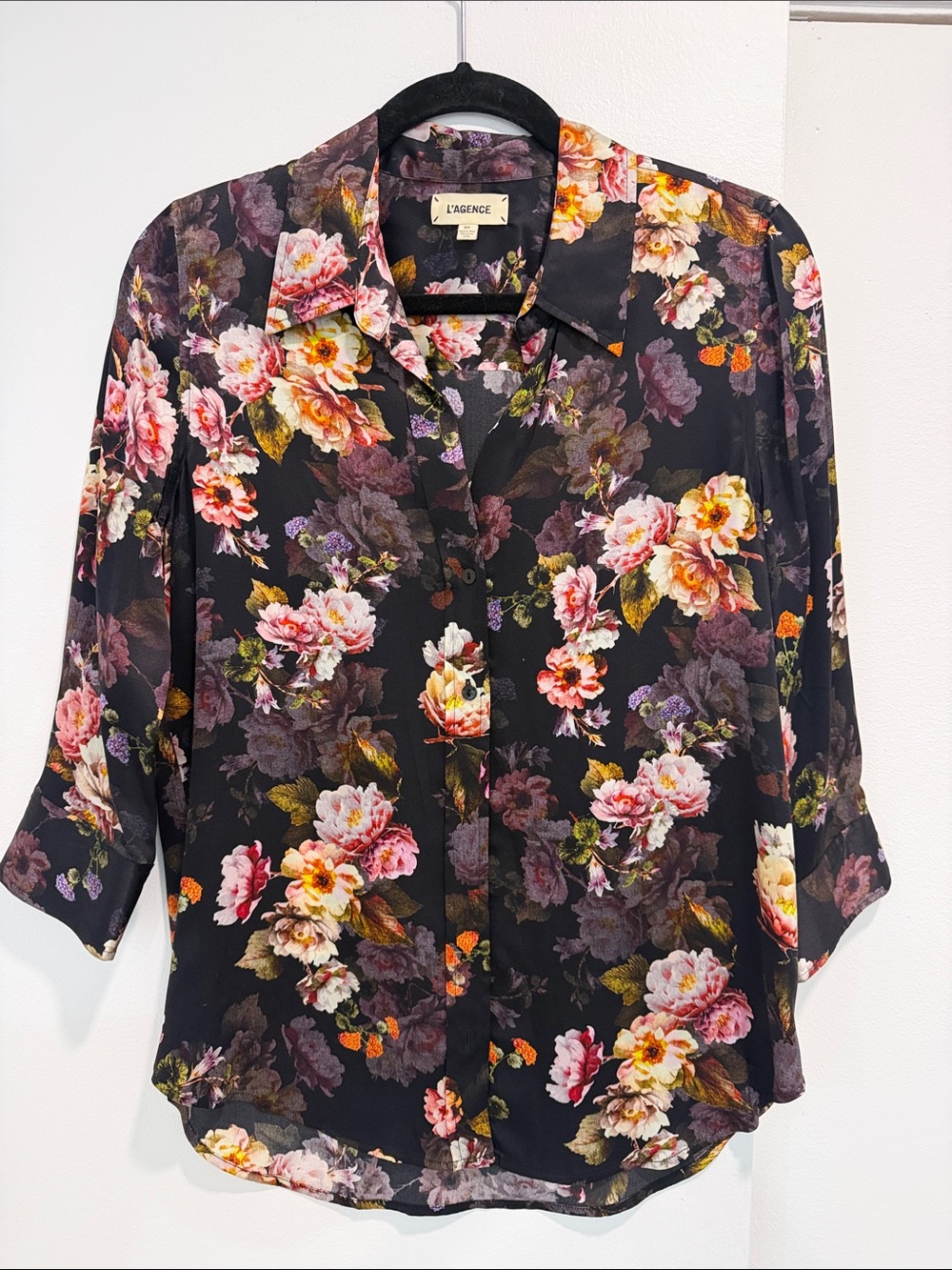 L'AGENCE Black Floral Button-Down Shirt with Pink & Cream Roses